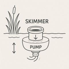 Skizze eines schwimmenden Skimmers in einem Teich