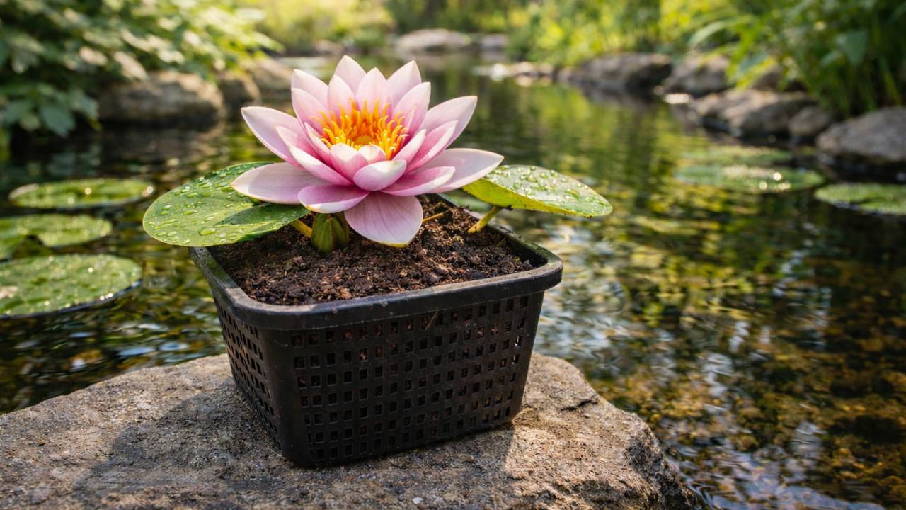 Rosa Seerose im Pflanzkorb auf dem Teichrand, bereit zum Einsetzen in den Gartenteich.