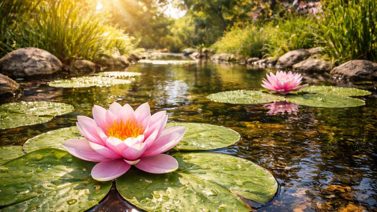 Sonniger Gartenteich mit blühenden Seerosen auf Seerosenblättern – ideales Licht und ruhige Wasseroberfläche