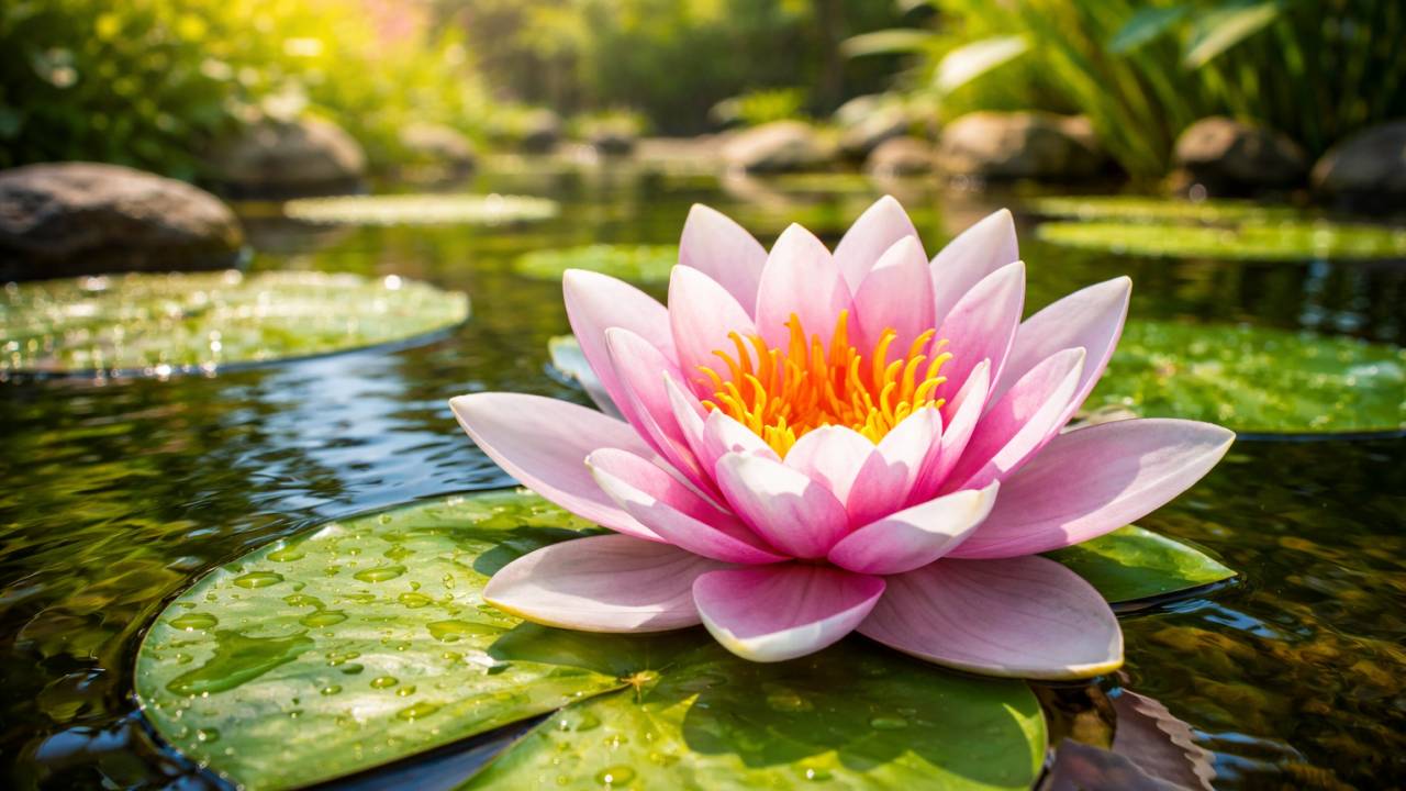 Nahaufnahme einer rosa Seerose auf einem Seerosenblatt in einem sonnigen Gartenteich.
