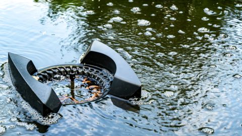 Ein Skimmer für den Teich entfernt Blätter und Schmutz von der Wasseroberfläche