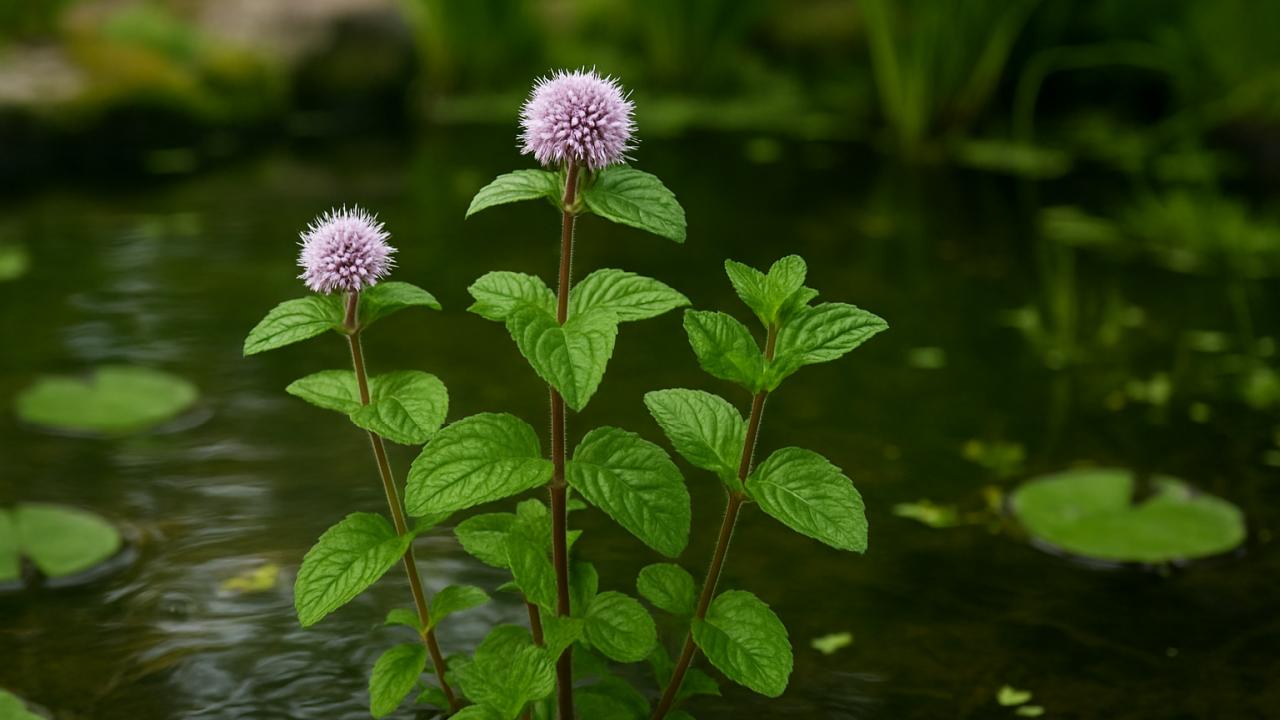 Von Juni bis September sind an der Wasserminze hellviolette bis rosafarbene Blüten zu sehen Eine Wasserminze mit violetten Blüten und grünen Blättern in einem Teich