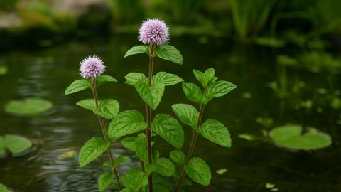 Eine Wasserminze mit violetten Blüten und grünen Blättern in einem Teich