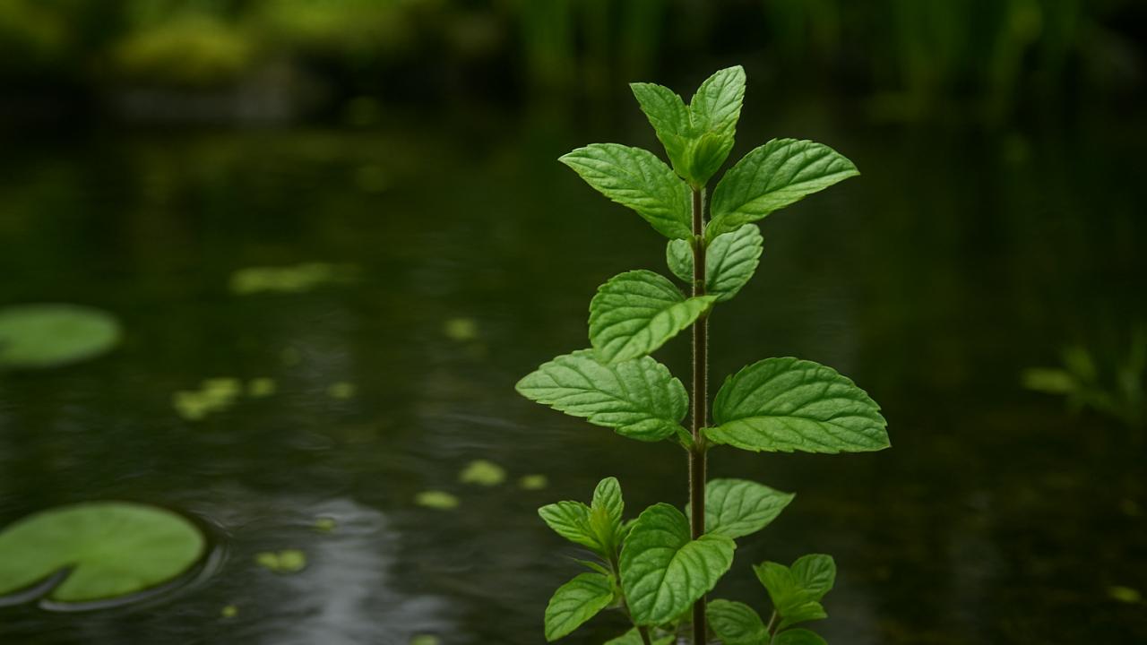Detailansicht von kleinen Ablegern einer Wasserminze mit grünen Blättern an einem Teichrand